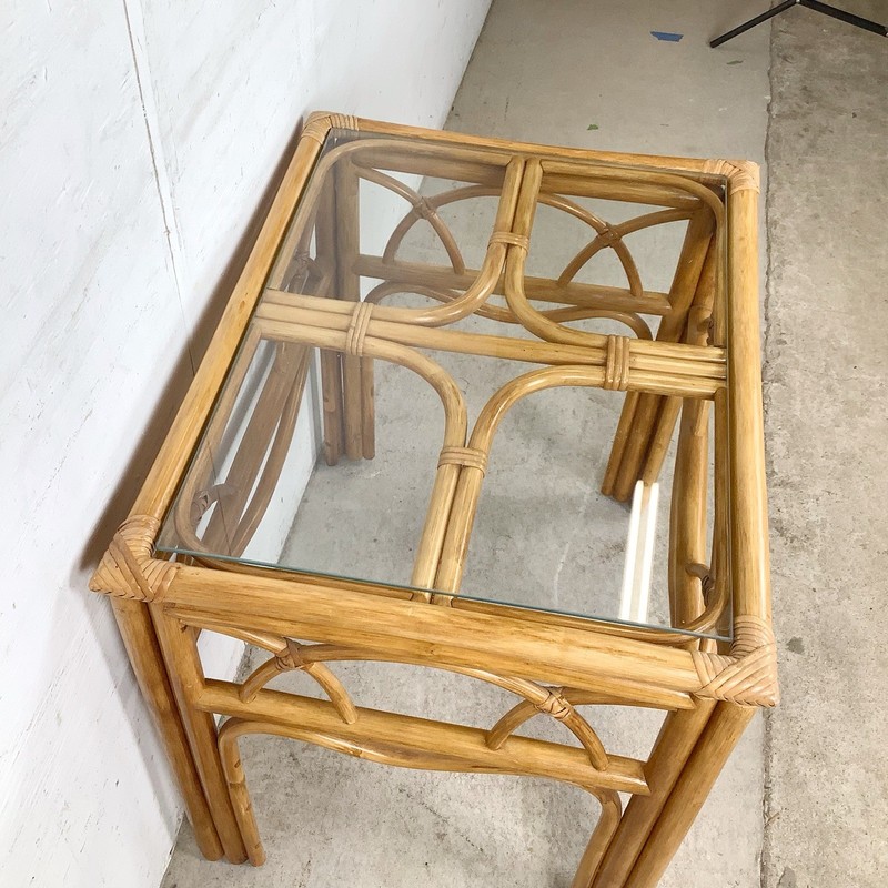 Vintage Rattan Bamboo Side Table Glass Top 1970s 1980s Boho Coastal MCM gallery