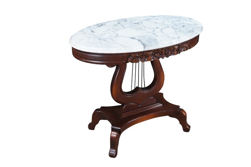 2 Victorian Revival Cherry Marble Top Lyre Harp Hall Entry Parlor Console Tables gallery