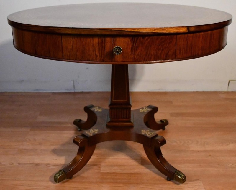 19th English Regency Rosewood Center accent table Brass Inlaid Top 2 drawers gallery