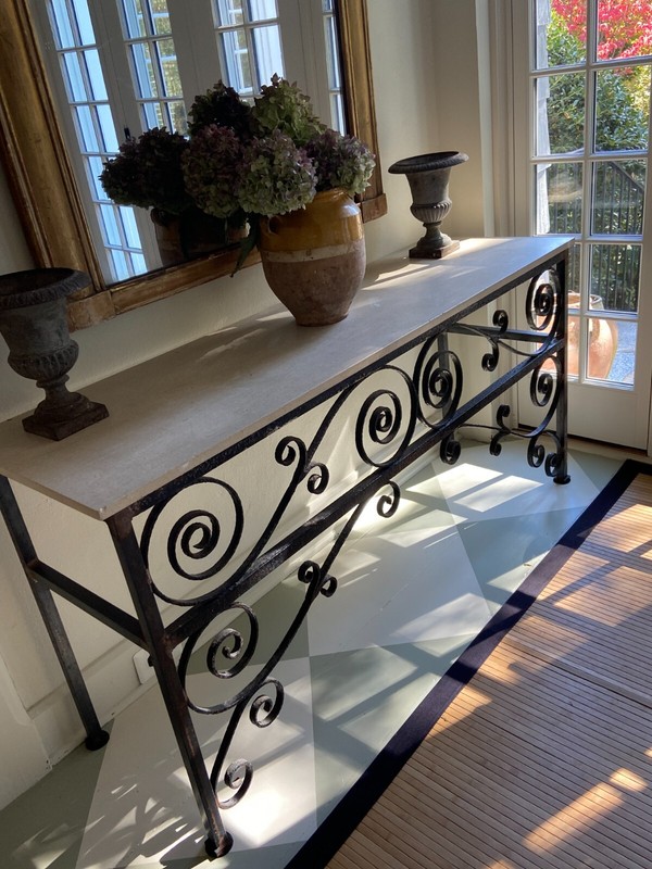 console table with antique wrought iron and marble top