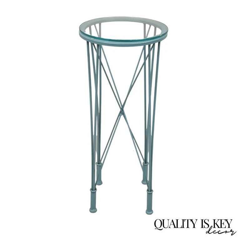 Postmodern Blue Wrought Iron “Skyscraper” Glass Top Pedestal Stand Side Table