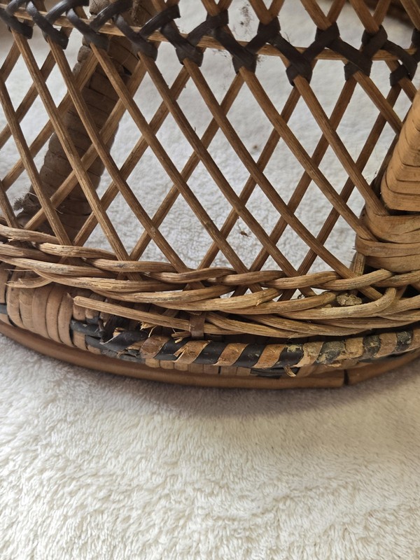 Vintage Emmanuelle Rattan SideTable Wicker Stool Peacock Ottoman Rare 1970s Read gallery