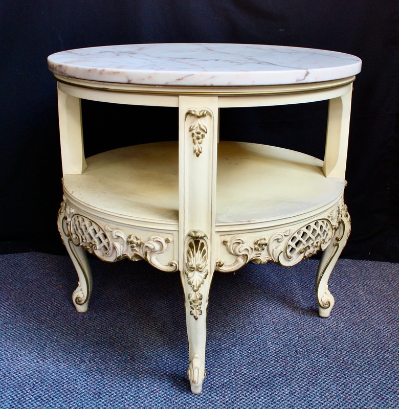 Table with Marble Top Vintage 2-Piece Hollywood Regency Hand Carved Wood gallery