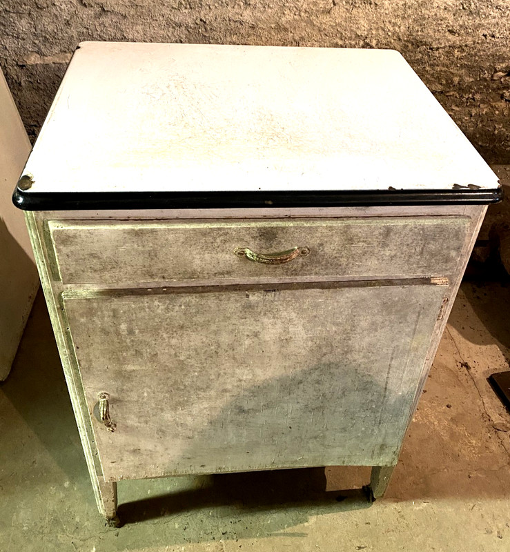 Vintage 1930s Porcelain Enamel TABLE TOP on Antique Cabinet w/drawer+door CHEAP!