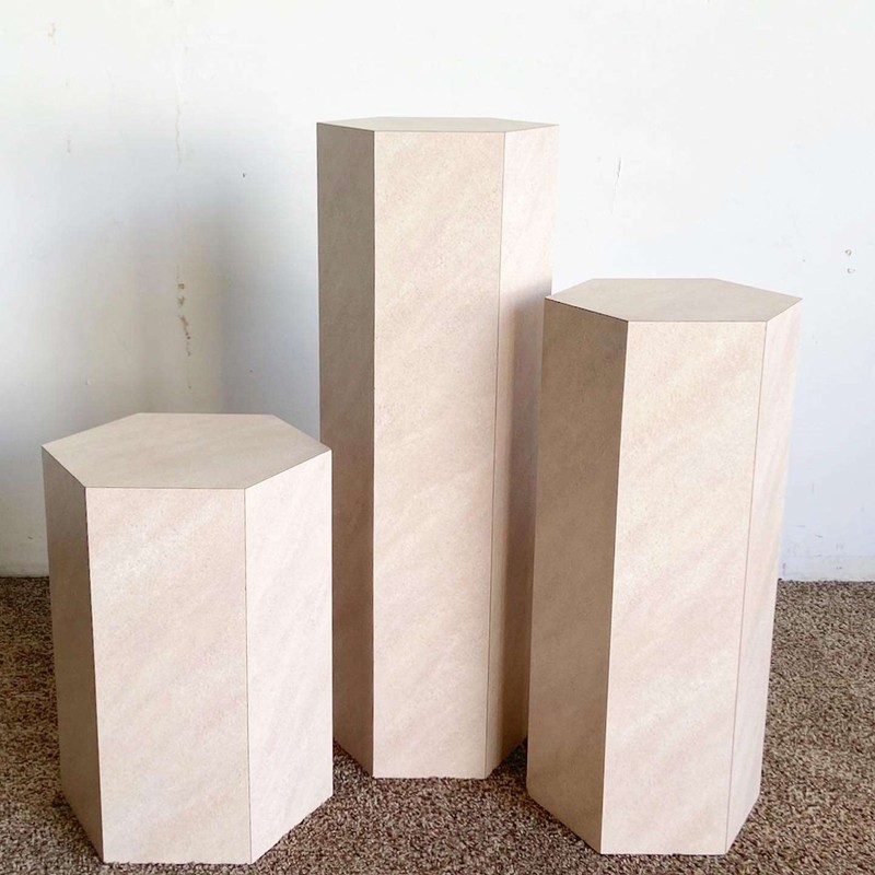 Postmodern Lavender Textured Laminate Hexagonal Nesting Side Tables/Pedestals