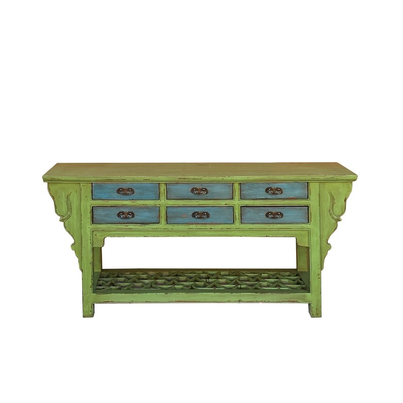 Distressed Lime Green 6 Blue Drawers Pedestal Sideboard Console Cabinet cs7823