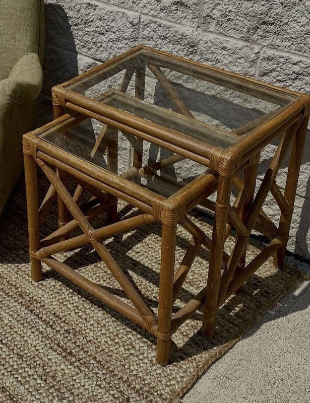 Vintage 1970s Chippendale Bamboo Rattan Glass Top Nesting Tables Set of 2