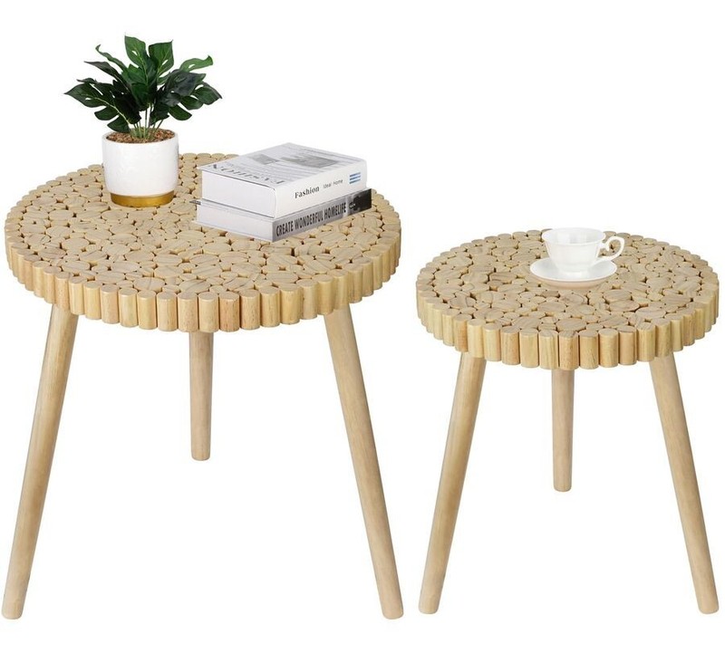 Round Coffee Table Set of 2, Farmhouse Nesting Coffee Table, Small Circle Wood C