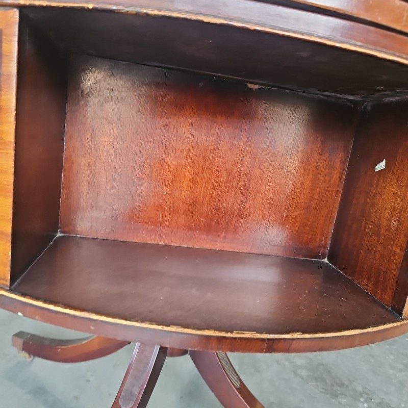 Antique-style Duncan Phyfe drum table W/ a circular leather-inlaid top gallery