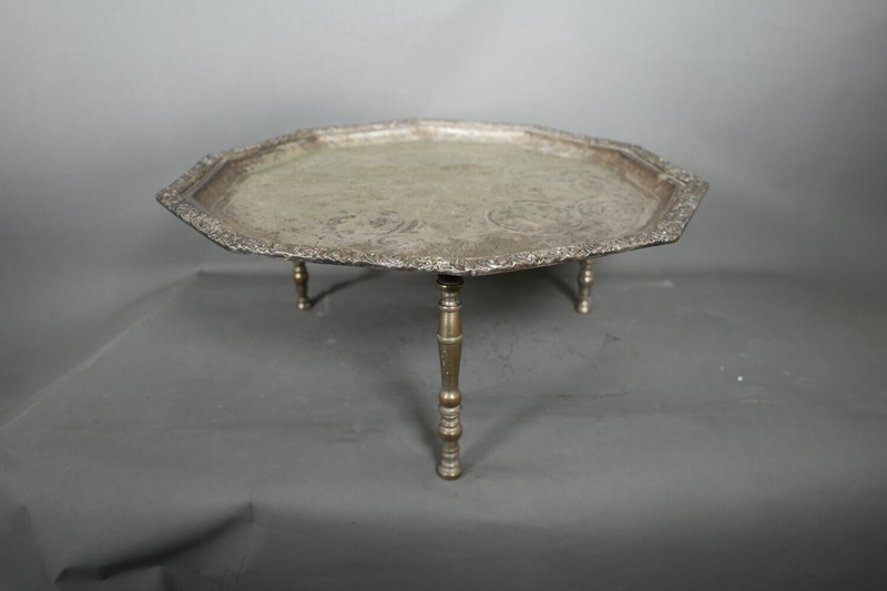 Antique Ornate Silver-Plated Octagonal Pedestal Tray Table –Hand-Engraved Etched gallery