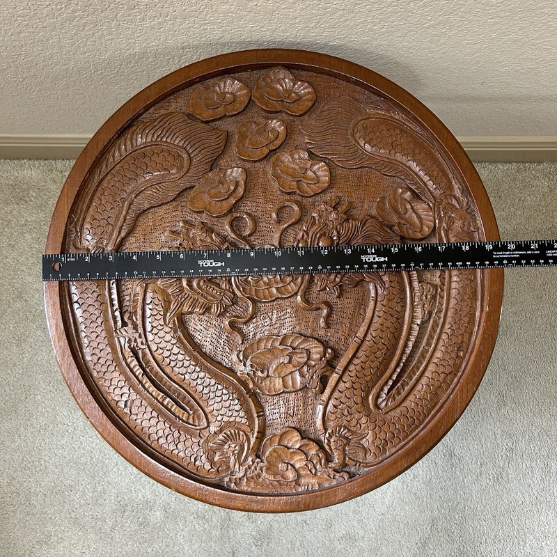 Vintage Asian Oriental Wood Carved Dragon Side Table w Folding Legs 19 Inch Tall gallery