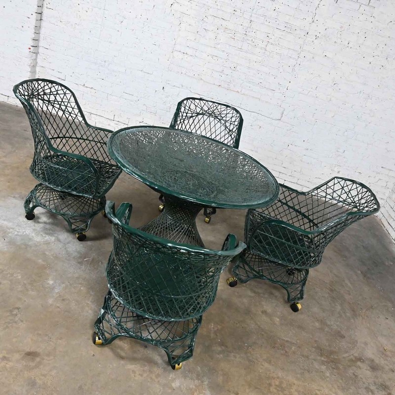 MCM Spun Fiberglass Forest Green Outdoor Dining Table & 4 Armchairs on Casters gallery