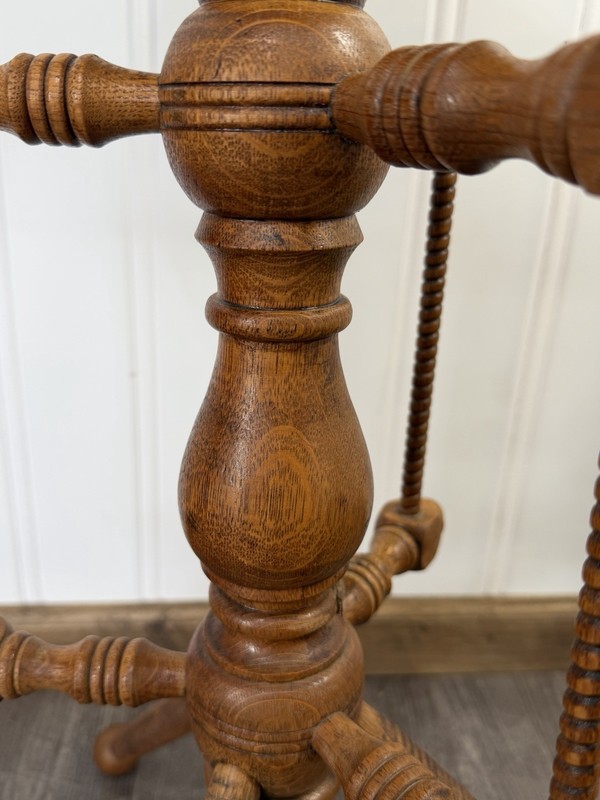 Antique Oak Round Accent Table with Turned Spool Tripod Base Plant Stand gallery