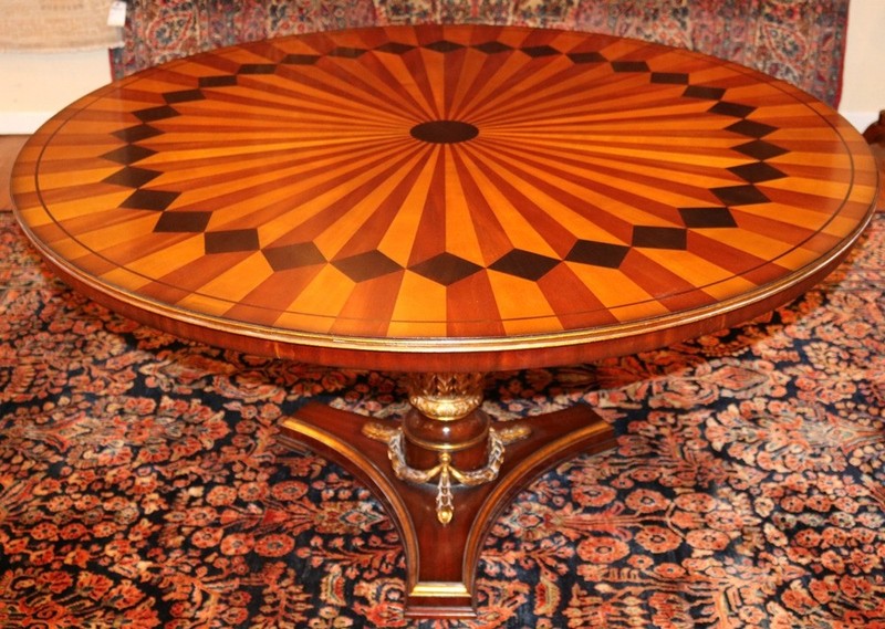 Stunning Inlaid Mixed Wood & Gilt Italian Style Ornate Center Dining Table