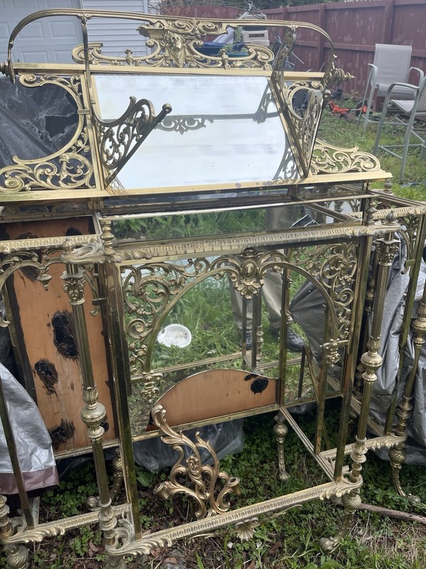 Victorian Antique Brass Console Table with Mirror, Carvings, Glass Shelves gallery