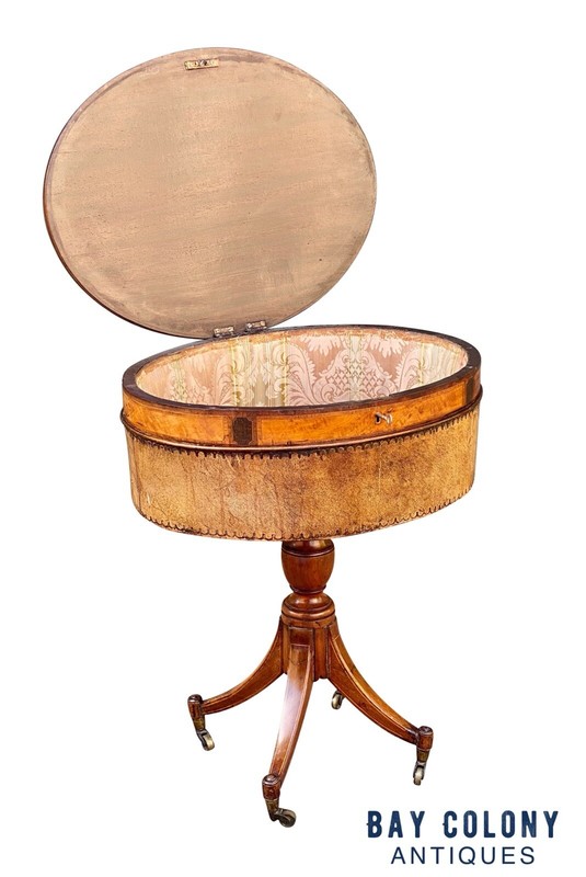 ANTIQUE REGENCY MAHOGANY & SATINWOOD SEWING STAND / WORK TABLE gallery