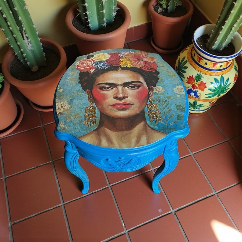 Hand Painted Vintage Table With Frida Kahlo Decoupage