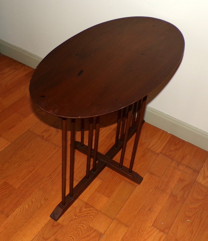Vintage Mid Century Walnut Oval Surfboard Cocktail Table Spindle Side Table gallery