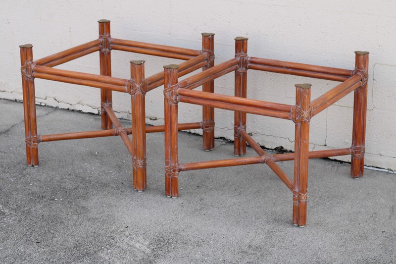 Authentic Rare Marked McGuire Natural Bamboo Rattan Accent Table Bases Brass Cap