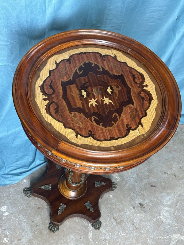 French Louis XVI Baroque Marquetry Side Table W/ Decorative Brass Accents gallery