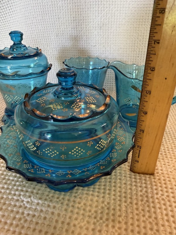 VTG Hand Painted Turquoise blue glass table set Butter, Cream, Sugar, Candy Dish gallery