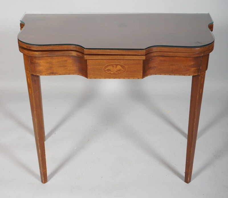 Federal Style Mahogany Flip Top Game Table Console Table Satinwood Eagle Inlays gallery