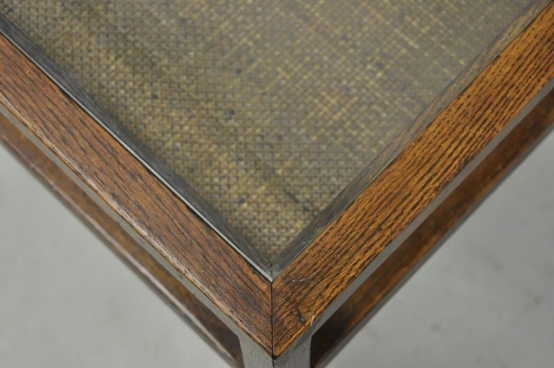 Mid Century Modern Dunbar Style Oak & Cane 2 Tier Glass Top Square Side Table gallery