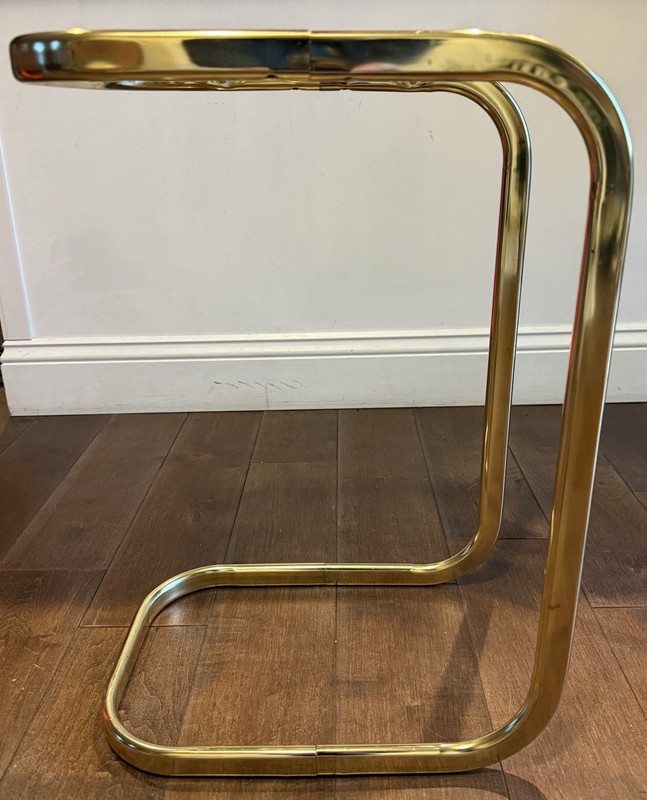 Vintage MCM Milo Baughman Style Brass Tone Glass Top Cantilever Side Table gallery