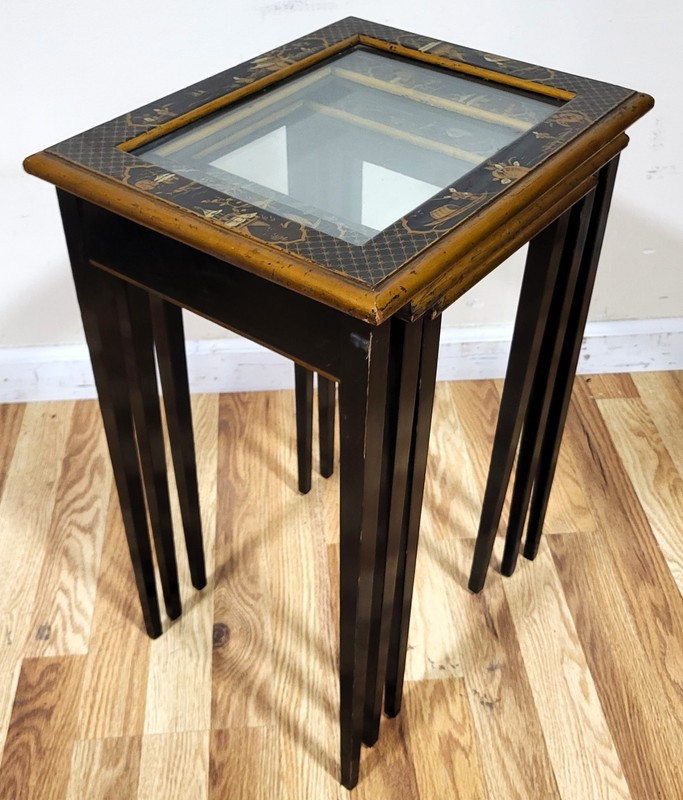 Set of 3 Vintage 20th C ENGLISH REGENCY Style CHINOISERIE Stack NESTING TABLES gallery
