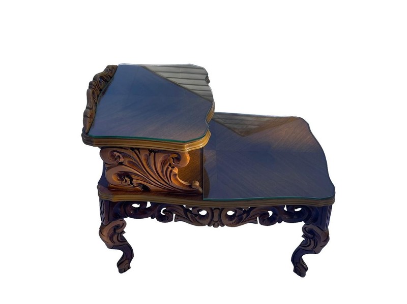 Baroque Style End Table Hand Carved Wood with Glass Top