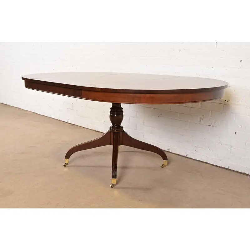 Baker Furniture Style Regency Banded Cherry Wood Pedestal Extension Dining Table gallery
