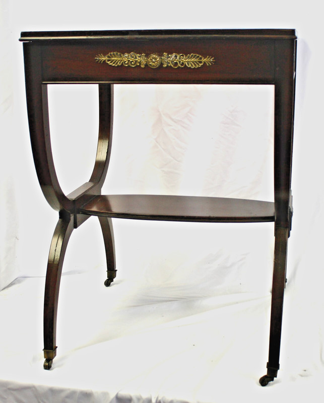 Side Table w/Leather Top, Curved X Shape Trestle, Brass Casters, Shelf. 1930