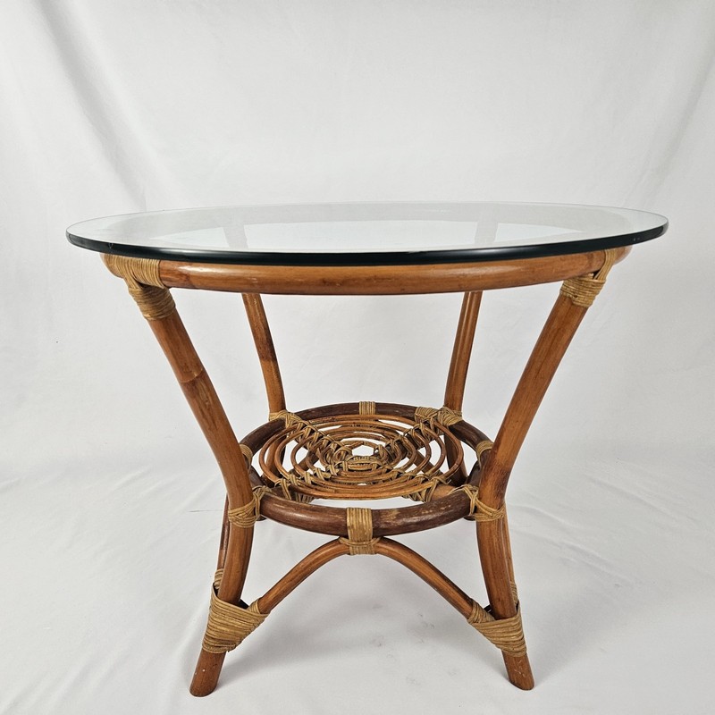 Vintage Rattan End Table Plant Stand Glass Top Boho Tiki Mid-Century Modern gallery