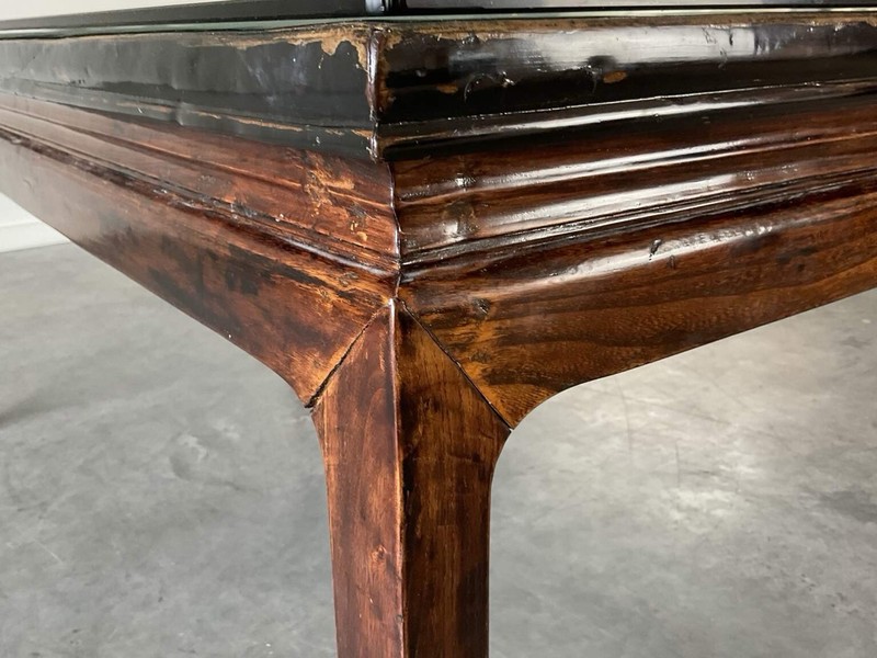 Antique Wood Dinning Table With Beveled Glass Tabletop gallery