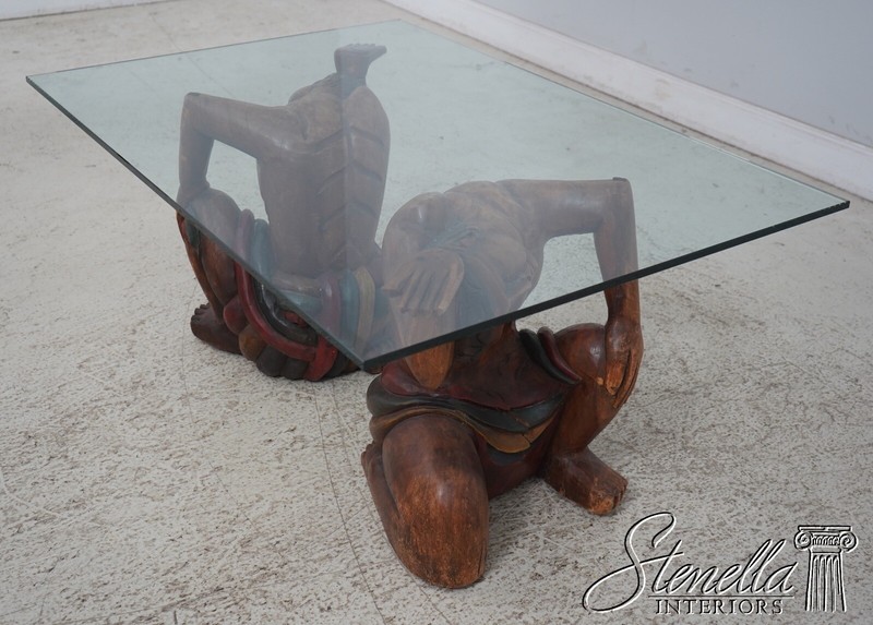F63878EC: Asian Figural Carved Base Glass Top Coffee Table gallery