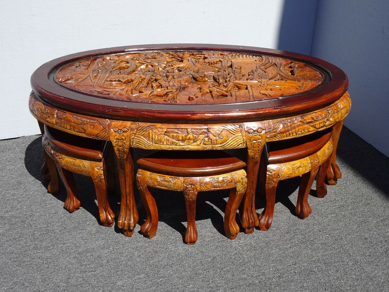 Vintage Chinese Asian Ornately Carved Golden Brown Coffee Table w Four Stools
