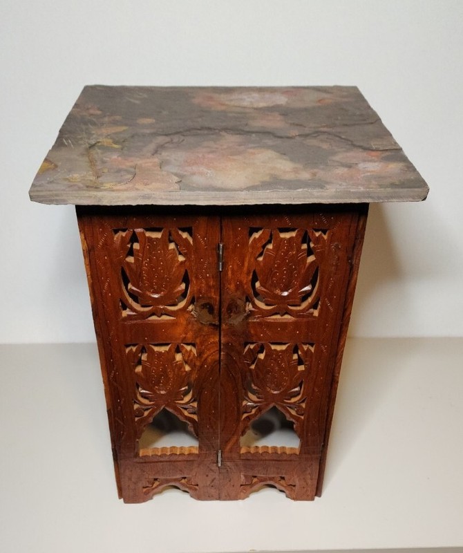 Vintage Custom Handcarved Teak / Slate Top Side Accent Display Table