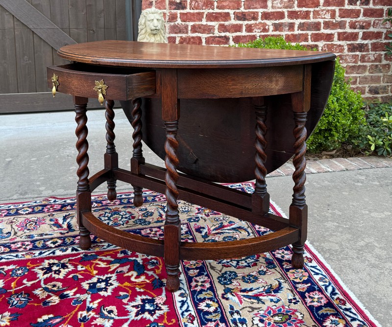 Antique English Demilune Table Drop Leaf Barley Twist w Drawer Oak ROUND 1920-30 gallery