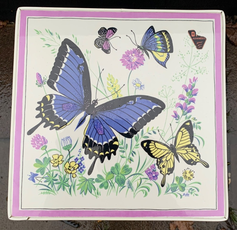 Vintage small side table 50s 60s Kleinmobel tile top butterflies rockabilly gallery