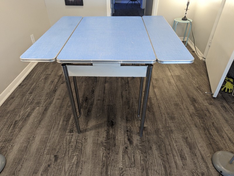 Vintage Blue Formica Table Pull Out Leaves And Chrome Edges And Utensil Drawer gallery