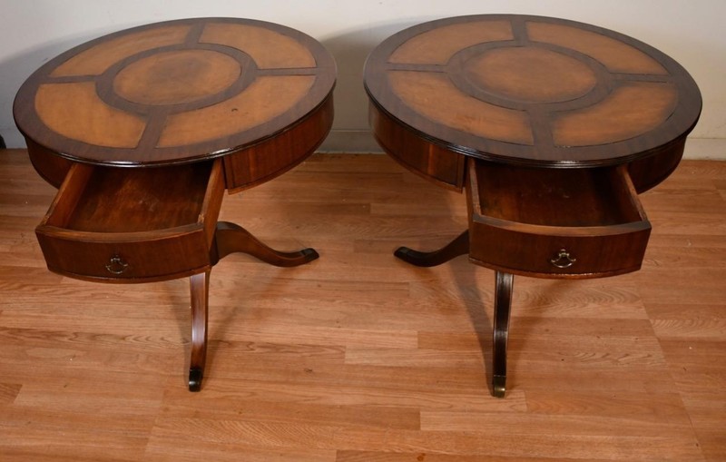 1930s English Regency Mahogany & Leather top PAIR of side tables / end tables gallery
