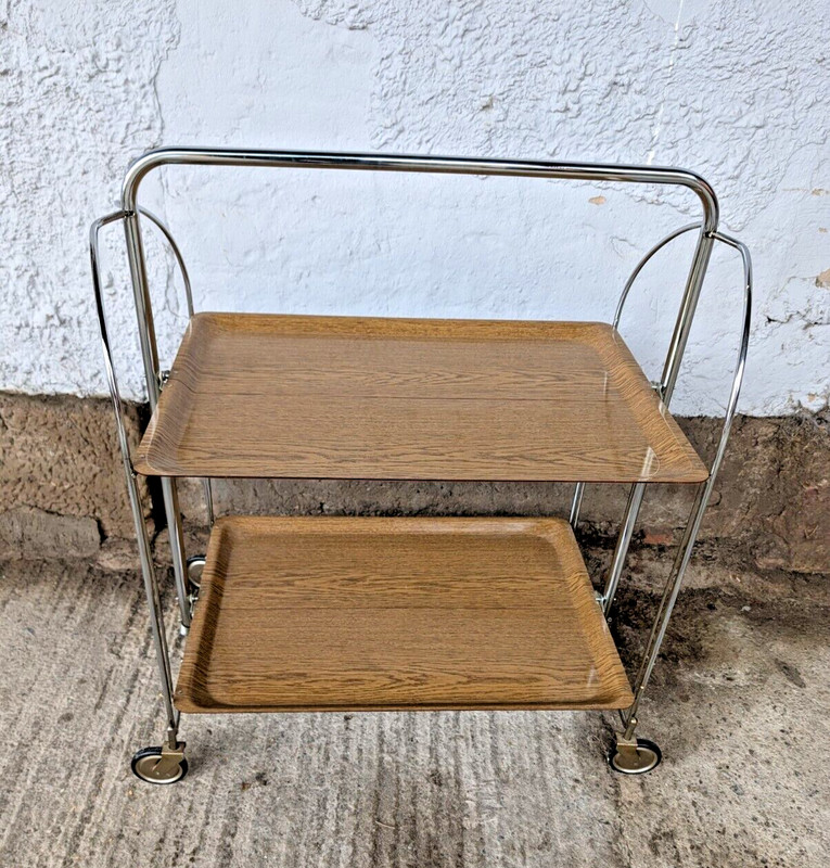 Dinette Serving Cart Tea Cart Table Side Table Oak Bar Chrome 70s WOW gallery