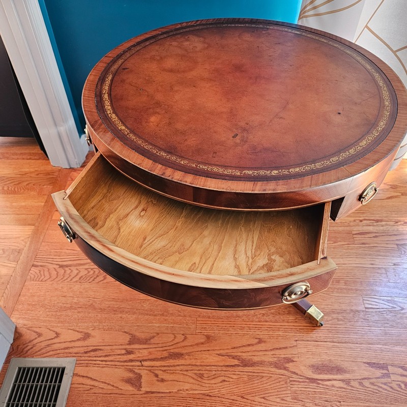 Antique Mahogany Drum Table: Leather Top, Drawer, vintage hardware gallery
