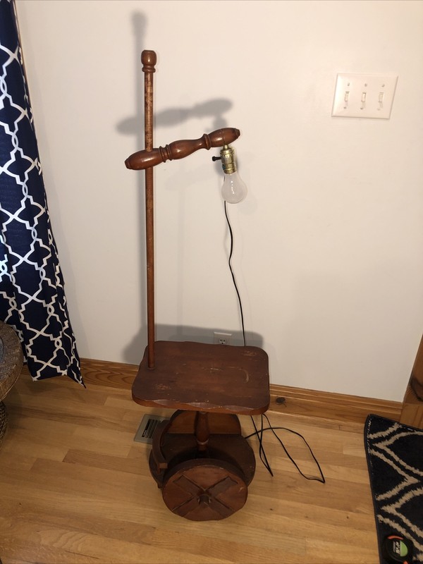 VTG Mcm Wood Chariot Wagon Wheel Bridge Adjustable Side Table Floor Lamp Rustic