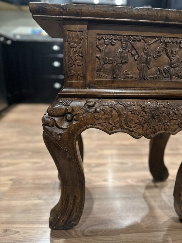 Antique Asian Floral And Animal Motif Hand Carved w Drawer Beautiful!! gallery