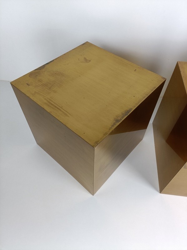 Pair Polished Brass Cubes Side Occasional Tables Germany Gold Colored Vintage gallery