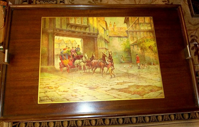 Gorgeous Mahogany Spring Action Tray Table w/Olde English Portraiture 30″ x 17″