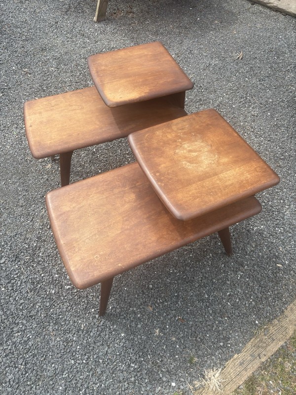 MCM Haywood Wakefield Pair 2 Tier Side Tables Orig Finish Curved Legs 60s