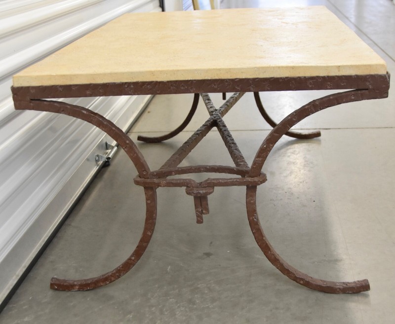 1970s Brutalist Rustic Iron Stone Top Coffee Table gallery