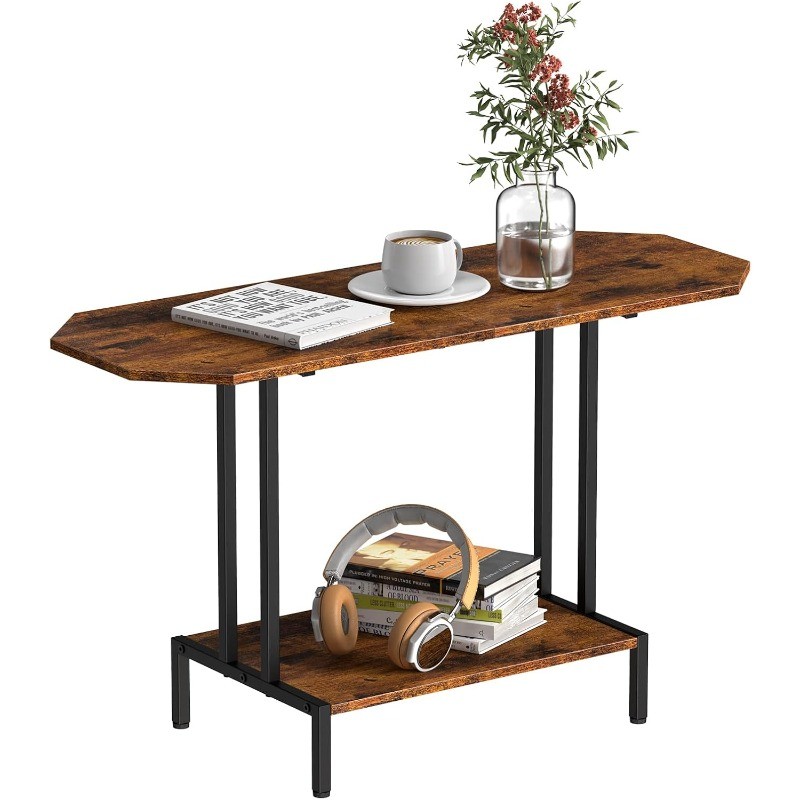 2-Tier Wood Tea Table Industrial Coffee Table with Storage Shelf for Living Room